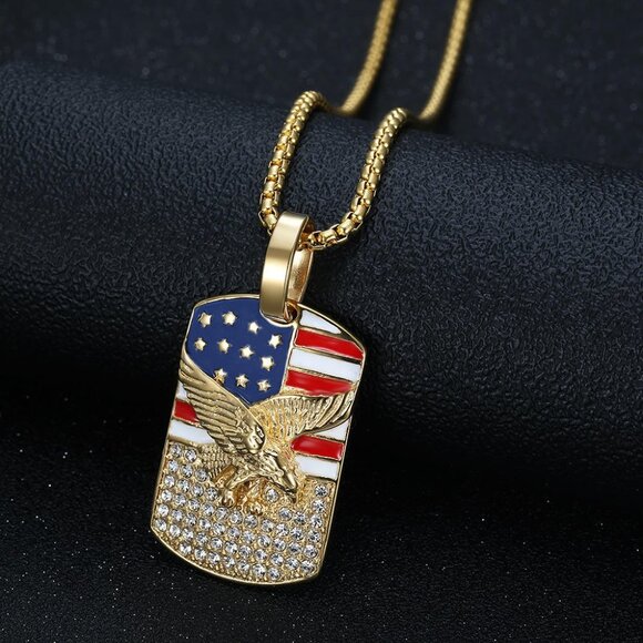 Gold American Flag Eagle Dog Tag Pendant Stainless Steel Patriotic Necklace - Picture 10 of 10